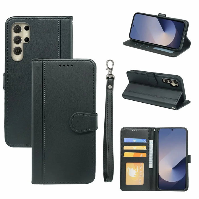 For Samsung Galaxy S26 Ultra Wallet Case Magnetic Snap Leather Phone Cover with Strap - Black - 1