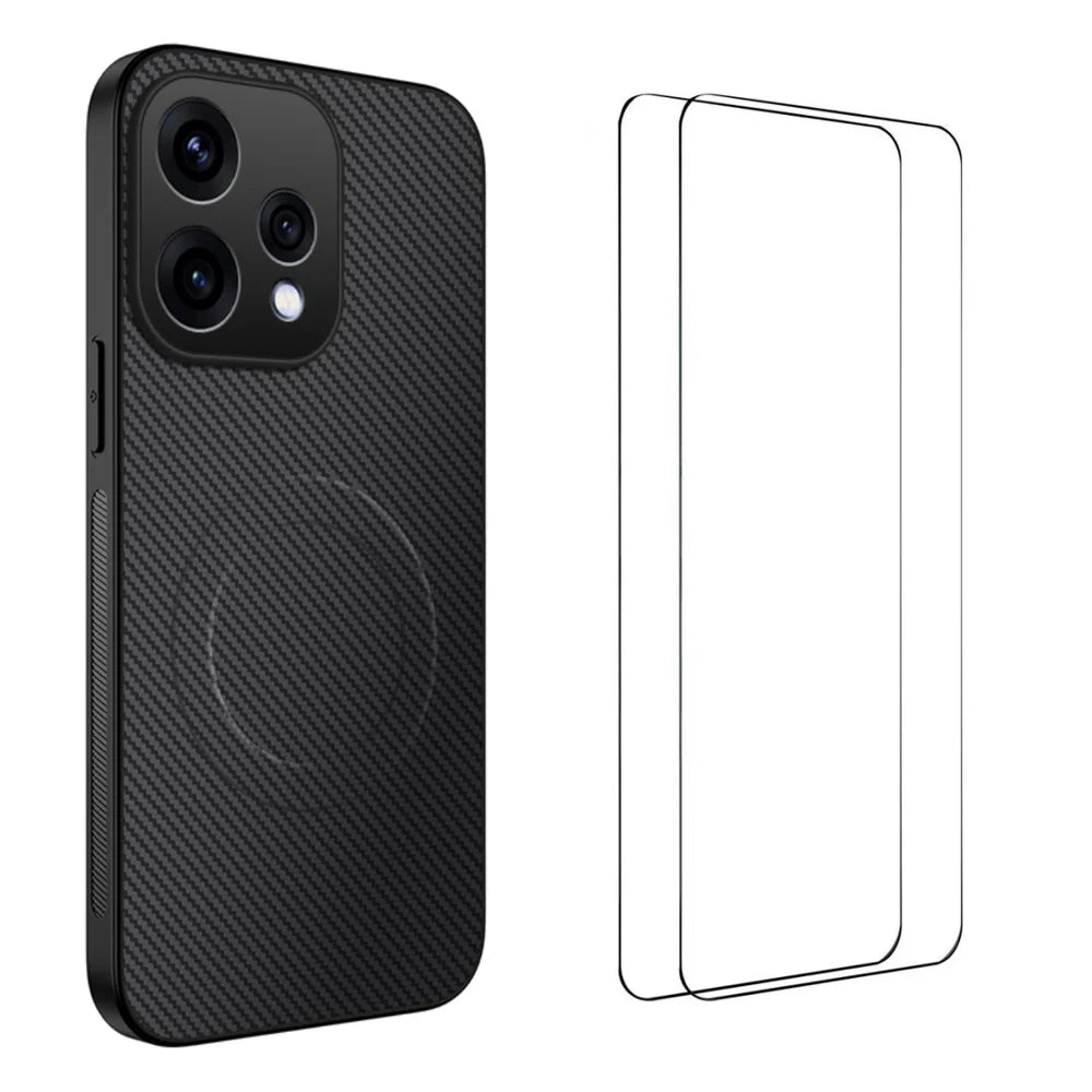 WANLONFENG For Oppo Reno15c 5G (China) / Oppo Reno15 5G (Global) Magnetic Case  TQ1 Series Carbon Fiber Texture PC TPU Phone Cover with 2Pcs Screen Films - Black - 1