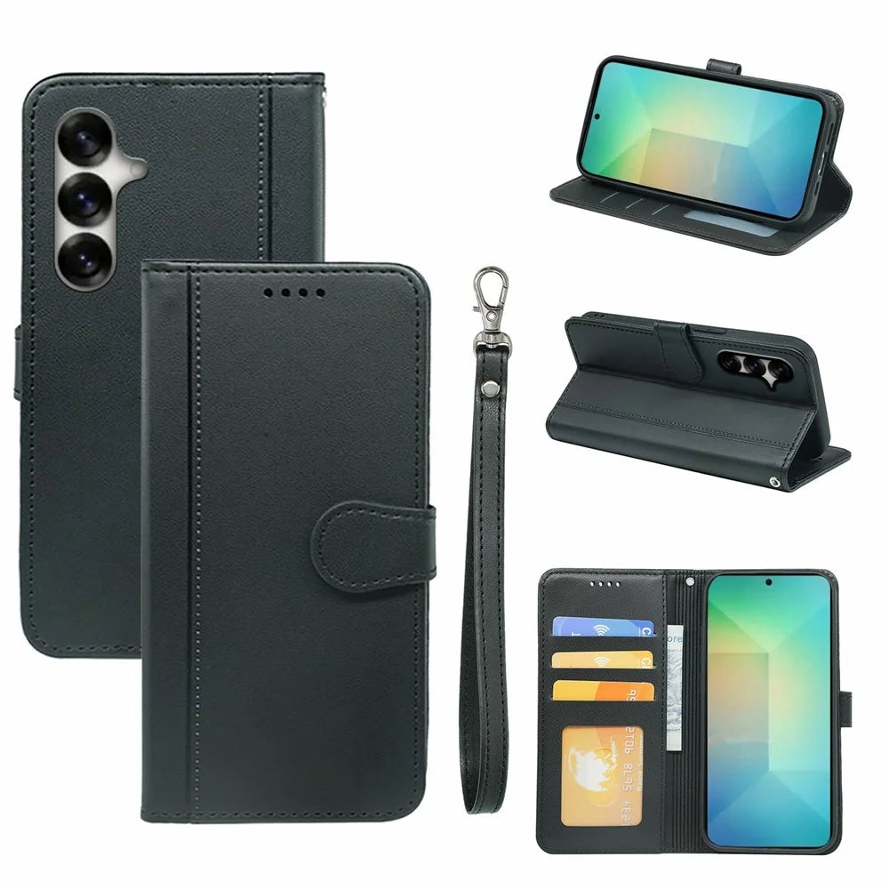 For Samsung Galaxy S26+ Wallet Case Magnetic Snap Leather Phone Cover with Strap - Black - 1