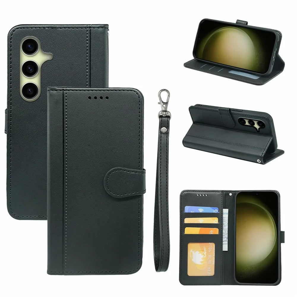 For Samsung Galaxy S26 Wallet Case Magnetic Snap Leather Phone Cover with Strap - Black - 1