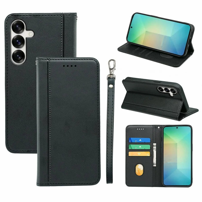 For Samsung Galaxy S26 Wallet Case Magnetic Closing PU Leather Phone Cover with Wrist Strap - Black - 1