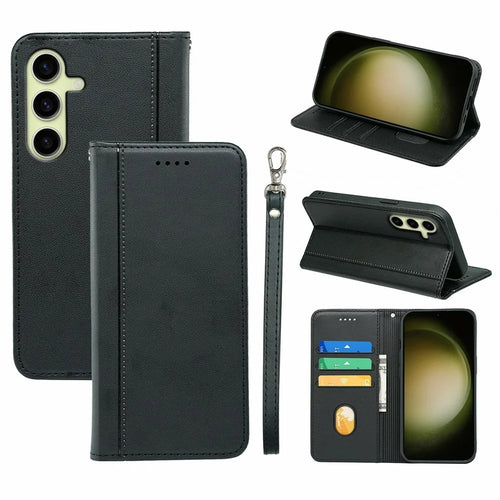 For Samsung Galaxy S26+ Wallet Case Magnetic Closing PU Leather Phone Cover with Wrist Strap - Black - 1