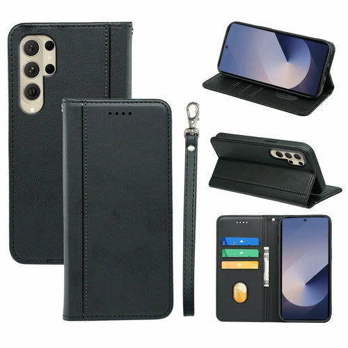 For Samsung Galaxy S26 Ultra Wallet Case Magnetic Closing PU Leather Phone Cover with Wrist Strap - Black - 1