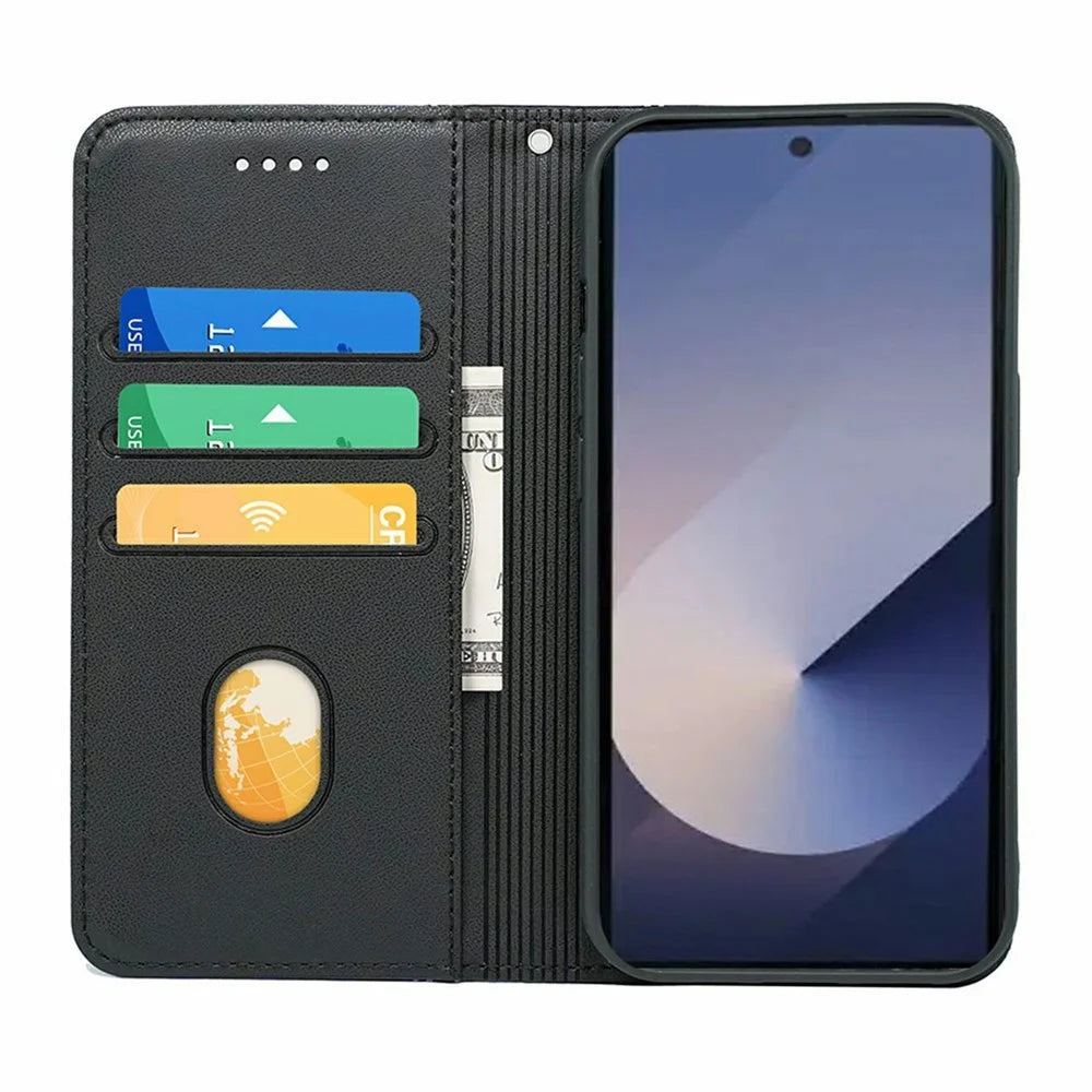 For Samsung Galaxy S26 Ultra Wallet Case Magnetic Closing PU Leather Phone Cover with Wrist Strap - Black - 2