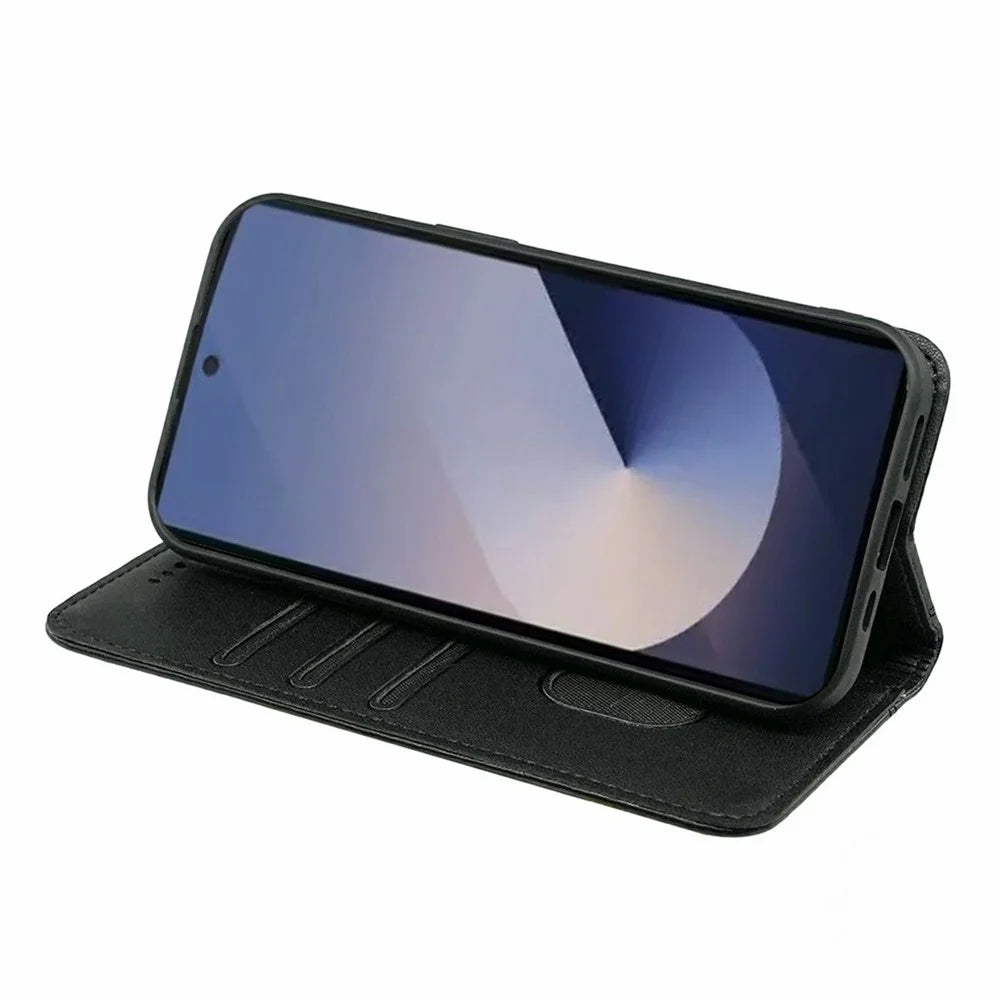 For Samsung Galaxy S26 Ultra Wallet Case Magnetic Closing PU Leather Phone Cover with Wrist Strap - Black - 3