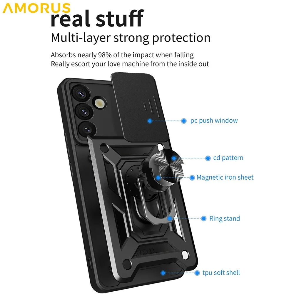 AMORUS For Samsung Galaxy S26 Case Kickstand PC + TPU Phone Cover with Camera Lens Slider - Black - 6
