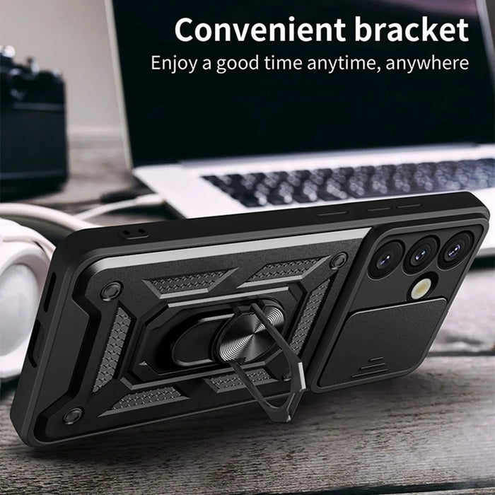 For Samsung Galaxy S26+ Case with Slide Camera Lid PC + TPU Kickstand Phone Cover - Black - 6