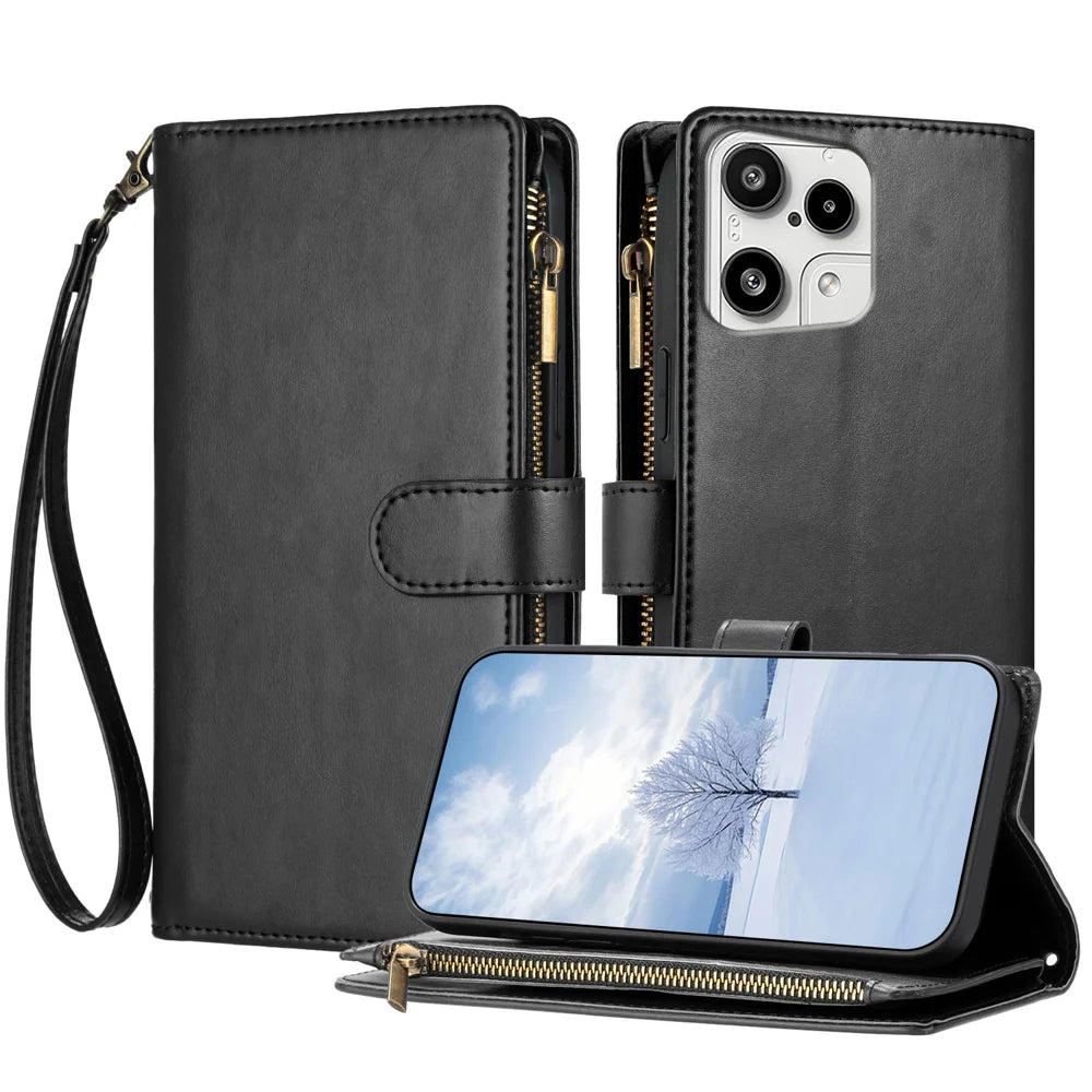 For Nothing Phone (3a) Lite 5G Leather Case Zipper Wallet Stand Shockproof Phone Cover with Wrist Strap - Black - 1