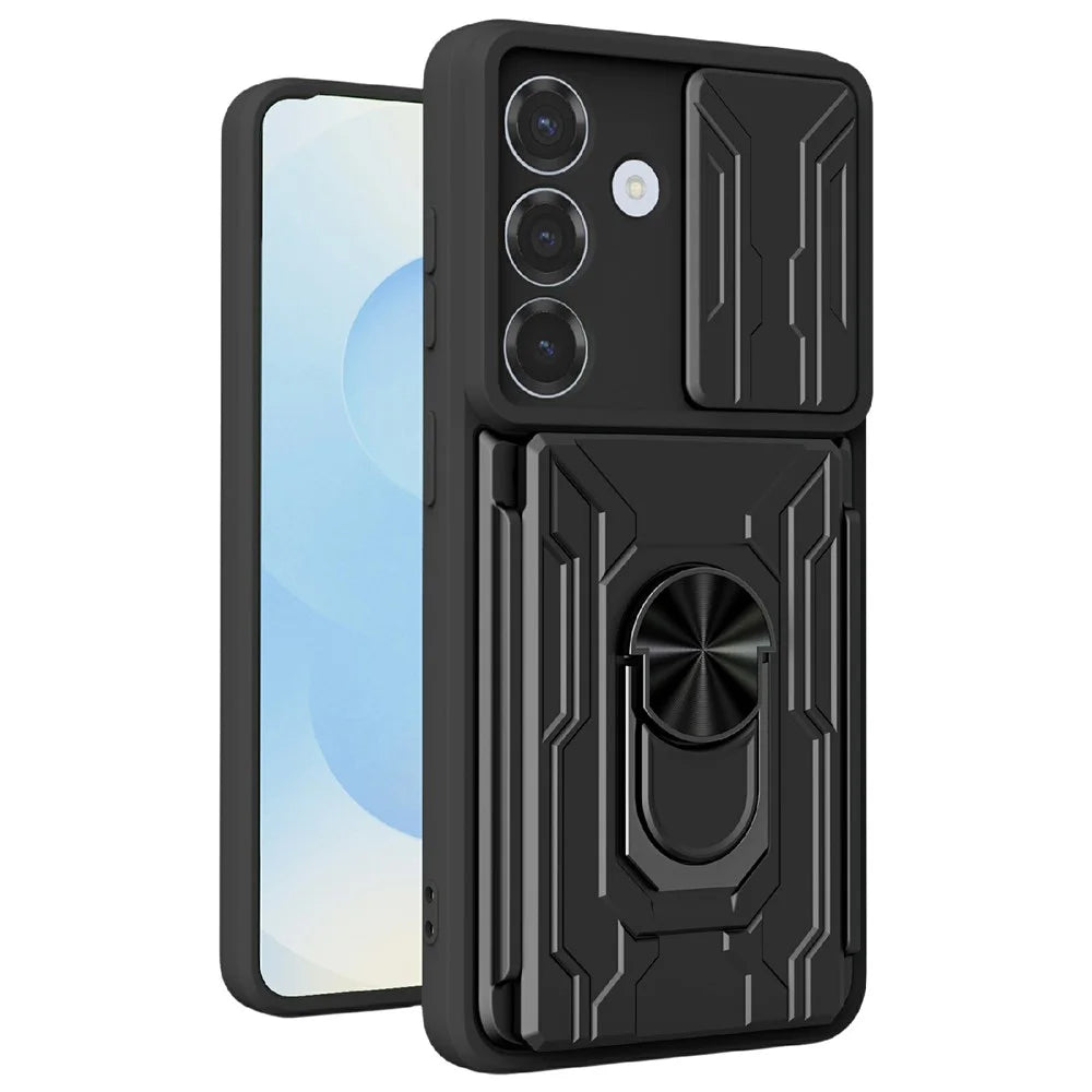 For Samsung Galaxy S26 Case PC + TPU Kickstand Phone Back Cover with Camera Slider - Black - 1