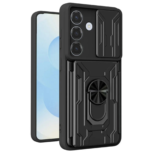 For Samsung Galaxy S26 Case PC + TPU Kickstand Phone Back Cover with Camera Slider - Black - 1