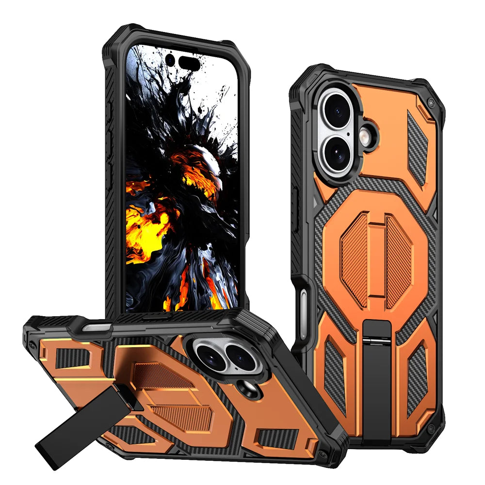For iPhone 17 Magnetic Case Rotating Kickstand PC + TPU Shockproof Drop-proof Phone Cover - Orange - 1