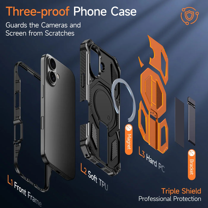 For iPhone 17 Magnetic Case Rotating Kickstand PC + TPU Shockproof Drop-proof Phone Cover - Orange - 7