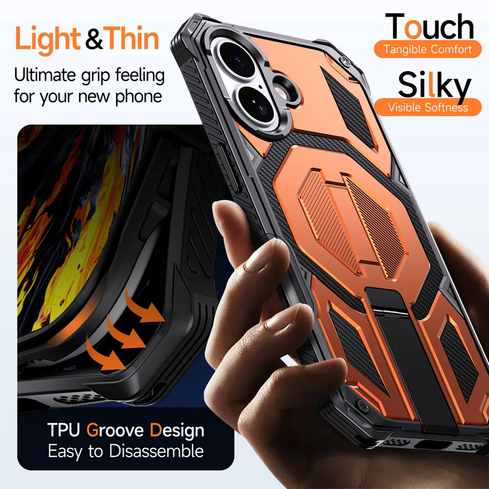 For iPhone 16 Magnetic Case Rotating Kickstand PC + TPU Shockproof Drop-proof Phone Cover - Orange - 6