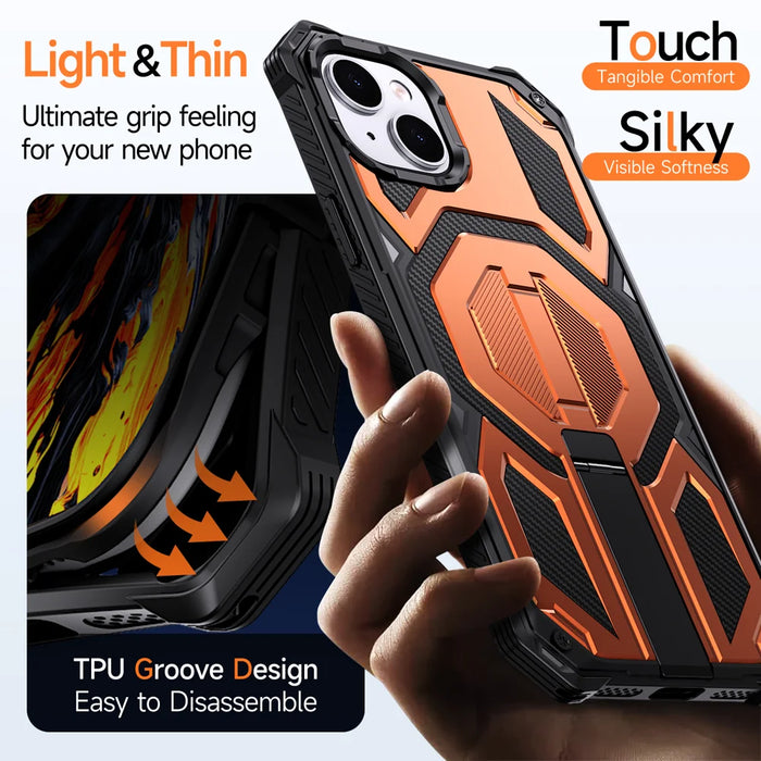 For iPhone 15 Magnetic Case Rotating Kickstand PC + TPU Shockproof Drop-proof Phone Cover - Orange - 6