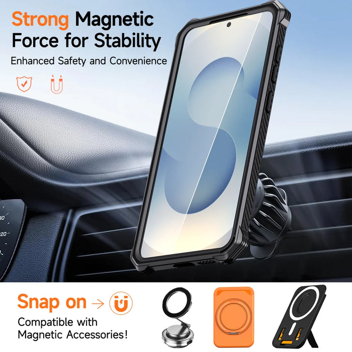 For Samsung Galaxy S25 Magnetic Case Rotating Kickstand PC + TPU Shockproof Drop-proof Phone Cover - Orange - 3