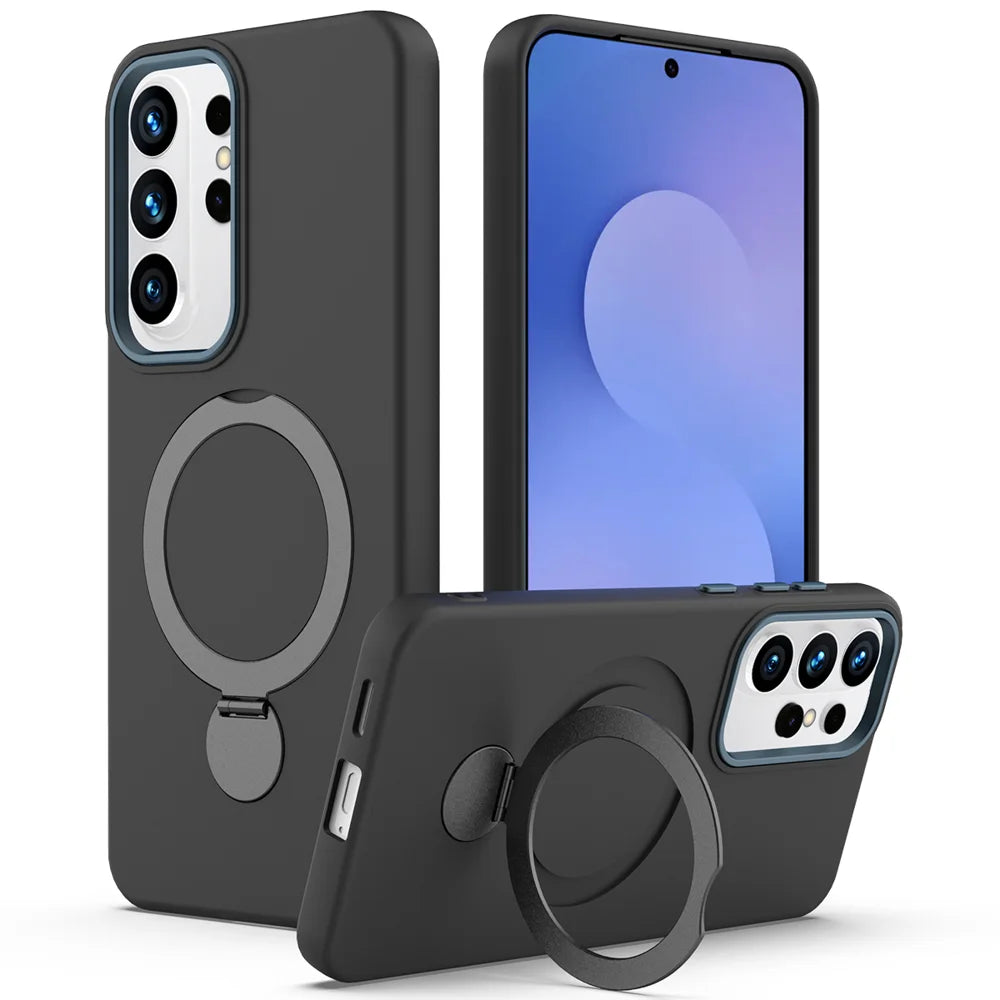 For Samsung Galaxy S26 Ultra Magnetic Case Rotating Ring Kickstand TPU + PC Back Cover - Black - 1