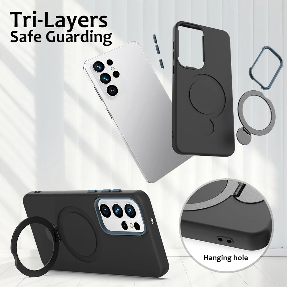 For Samsung Galaxy S26 Ultra Magnetic Case Rotating Ring Kickstand TPU + PC Back Cover - Black - 6