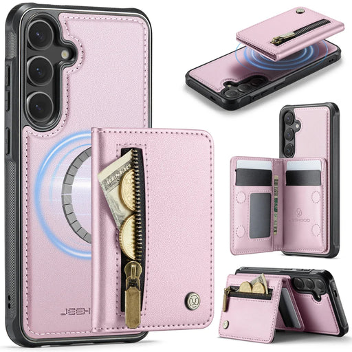 JEEHOOD For Samsung Galaxy S26+ Case  J12 Magnetic Detachable Zipper Wallet Kickstand Leather Back Cover Compatible with MagSafe - Pink - 1