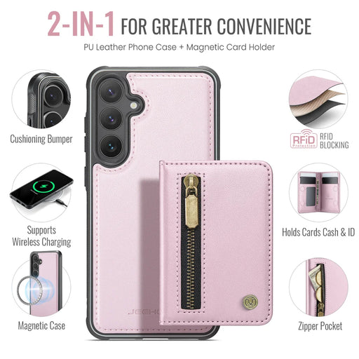 JEEHOOD For Samsung Galaxy S26+ Case  J12 Magnetic Detachable Zipper Wallet Kickstand Leather Back Cover Compatible with MagSafe - Pink - 2