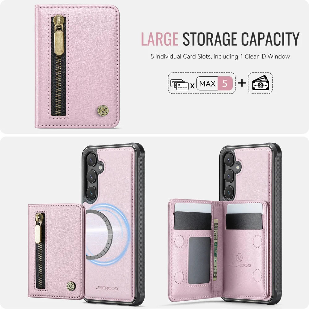 JEEHOOD For Samsung Galaxy S26+ Case  J12 Magnetic Detachable Zipper Wallet Kickstand Leather Back Cover Compatible with MagSafe - Pink - 5
