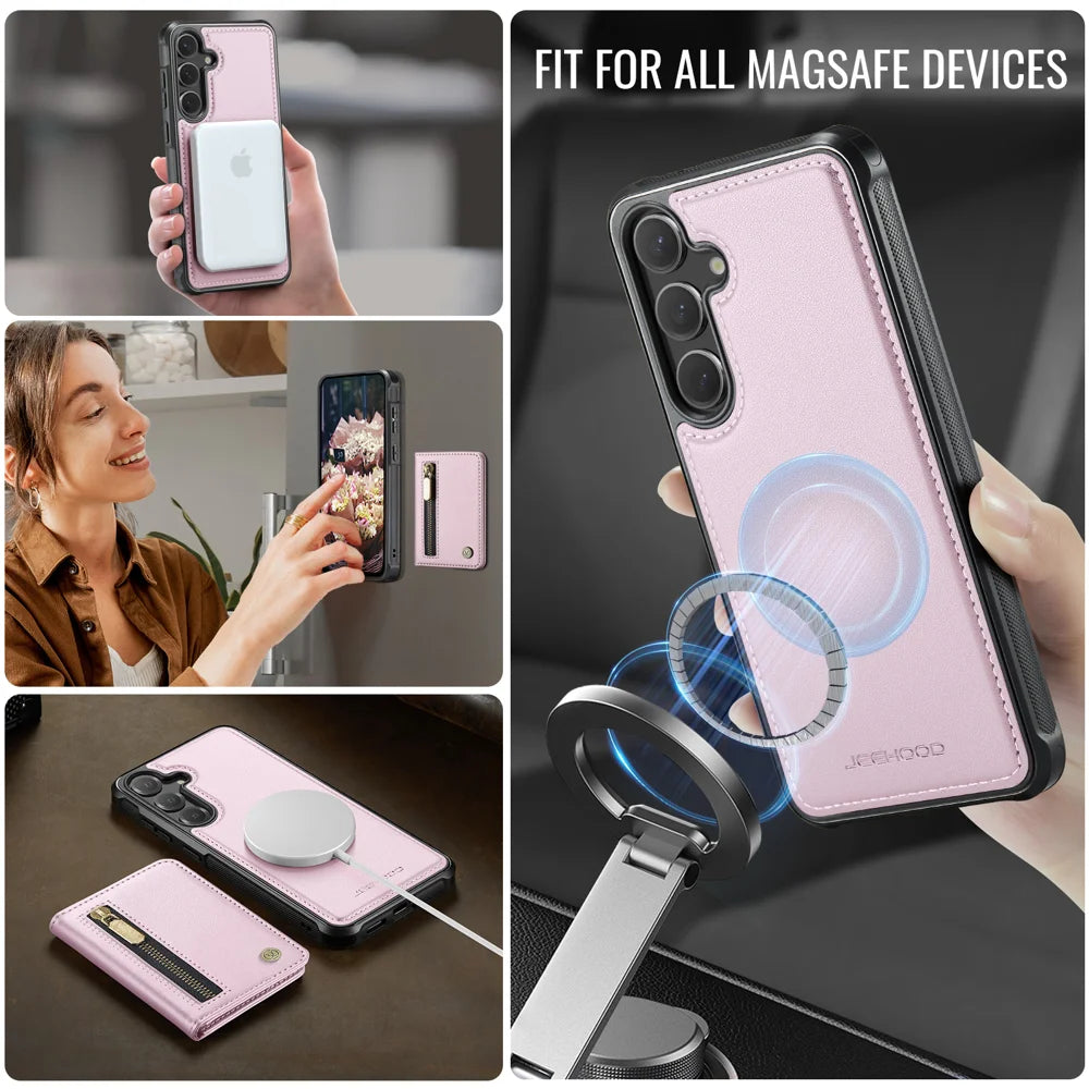 JEEHOOD For Samsung Galaxy S26+ Case  J12 Magnetic Detachable Zipper Wallet Kickstand Leather Back Cover Compatible with MagSafe - Pink - 6