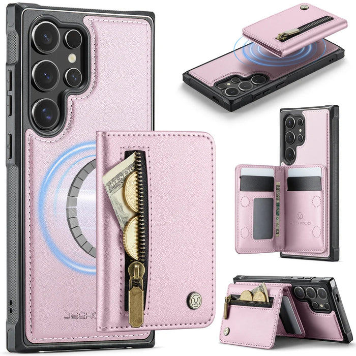 JEEHOOD For Samsung Galaxy S26 Ultra Case  J12 Magnetic Detachable Zipper Wallet Kickstand Leather Back Cover Compatible with MagSafe - Pink - 1