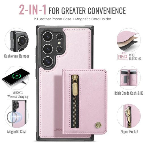 JEEHOOD For Samsung Galaxy S26 Ultra Case  J12 Magnetic Detachable Zipper Wallet Kickstand Leather Back Cover Compatible with MagSafe - Pink - 2