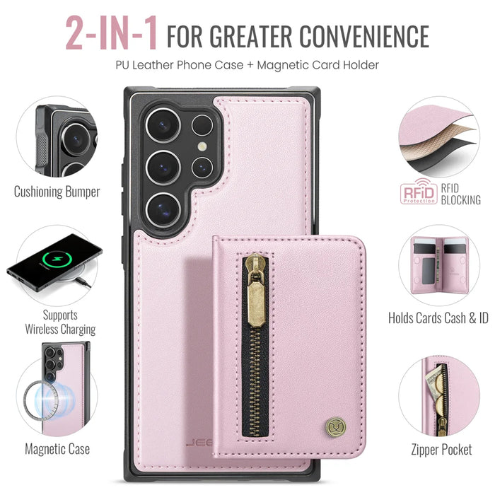 JEEHOOD For Samsung Galaxy S26 Ultra Case  J12 Magnetic Detachable Zipper Wallet Kickstand Leather Back Cover Compatible with MagSafe - Pink - 2