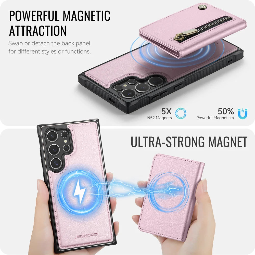 JEEHOOD For Samsung Galaxy S26 Ultra Case  J12 Magnetic Detachable Zipper Wallet Kickstand Leather Back Cover Compatible with MagSafe - Pink - 3
