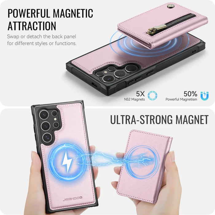 JEEHOOD For Samsung Galaxy S26 Ultra Case  J12 Magnetic Detachable Zipper Wallet Kickstand Leather Back Cover Compatible with MagSafe - Pink - 3