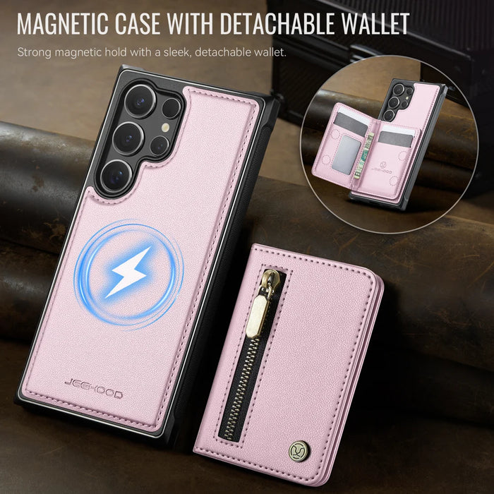 JEEHOOD For Samsung Galaxy S26 Ultra Case  J12 Magnetic Detachable Zipper Wallet Kickstand Leather Back Cover Compatible with MagSafe - Pink - 4