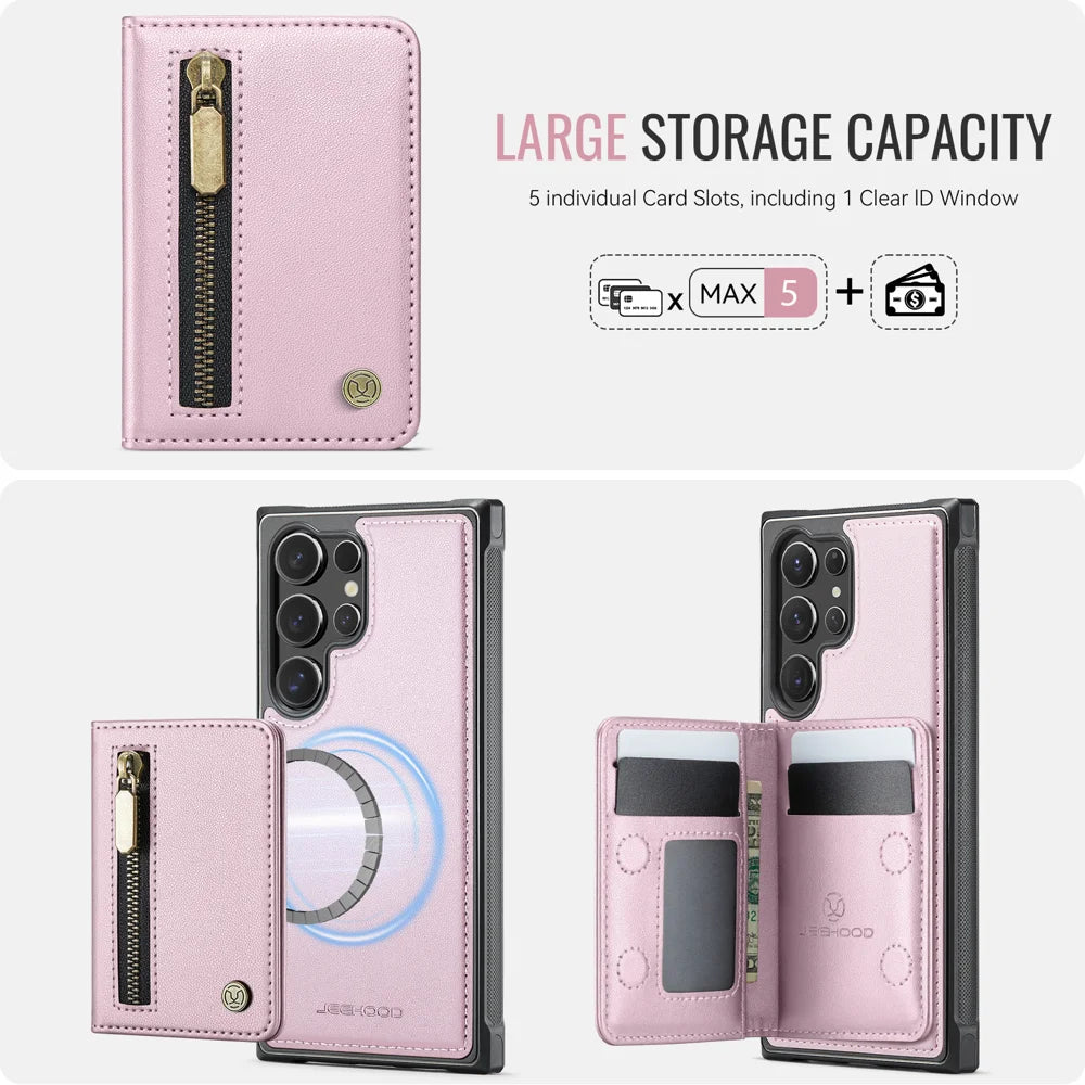 JEEHOOD For Samsung Galaxy S26 Ultra Case  J12 Magnetic Detachable Zipper Wallet Kickstand Leather Back Cover Compatible with MagSafe - Pink - 5