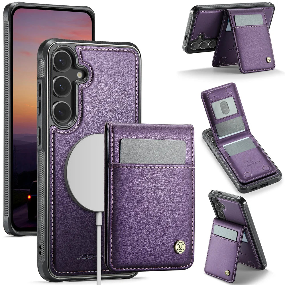 JEEHOOD For Samsung Galaxy S26 Leather Back Cover  J06 Magnetic Phone Case with Card Bag RFID Blocking - Purple - 1