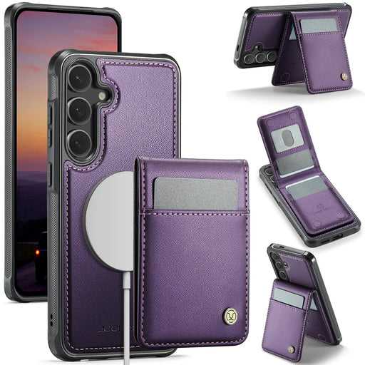JEEHOOD For Samsung Galaxy S26 Leather Back Cover  J06 Magnetic Phone Case with Card Bag RFID Blocking - Purple - 1