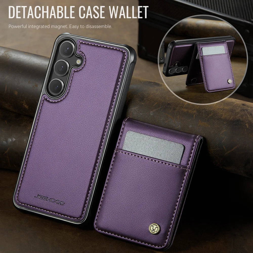 JEEHOOD For Samsung Galaxy S26 Leather Back Cover  J06 Magnetic Phone Case with Card Bag RFID Blocking - Purple - 3