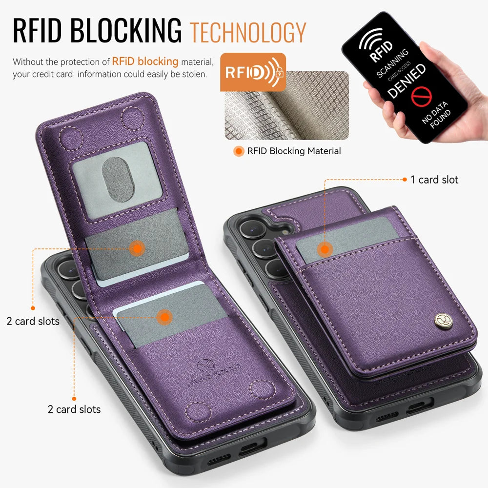 JEEHOOD For Samsung Galaxy S26 Leather Back Cover  J06 Magnetic Phone Case with Card Bag RFID Blocking - Purple - 4