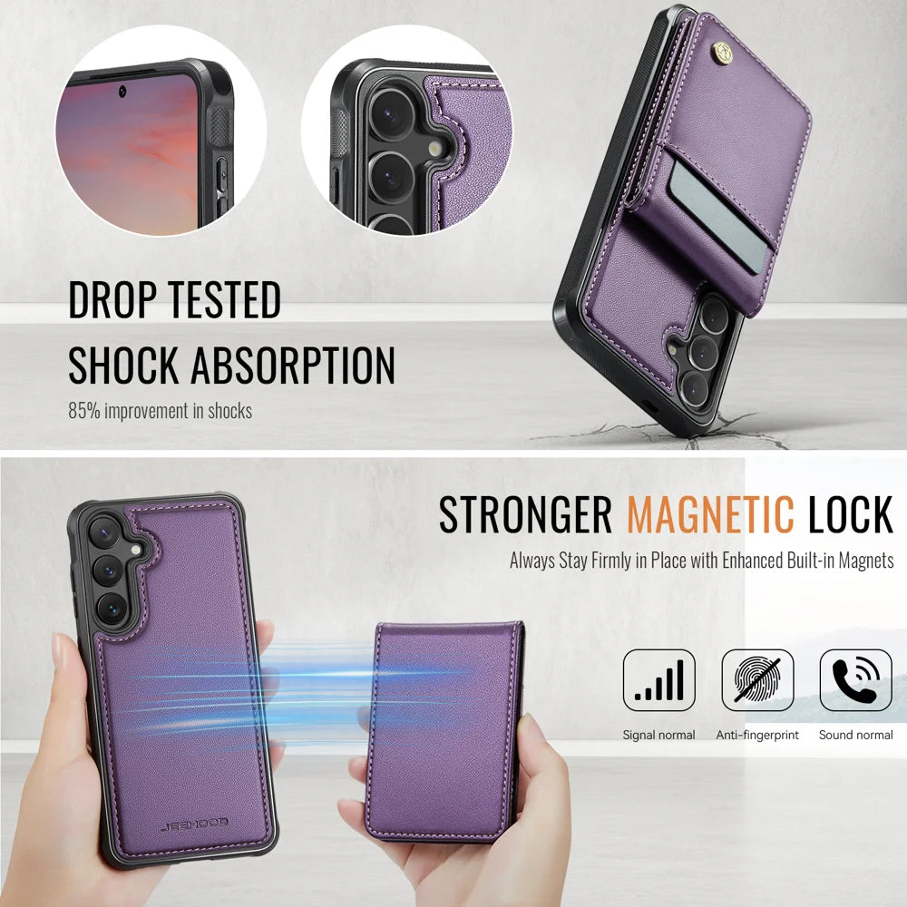 JEEHOOD For Samsung Galaxy S26 Leather Back Cover  J06 Magnetic Phone Case with Card Bag RFID Blocking - Purple - 5