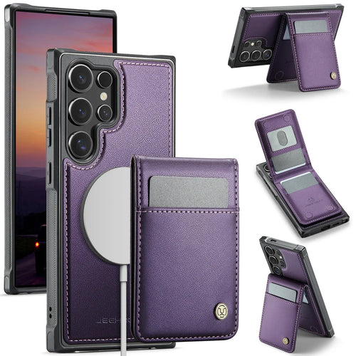 JEEHOOD For Samsung Galaxy S26 Ultra Leather Back Cover  J06 Magnetic Phone Case with Card Bag RFID Blocking - Purple - 1