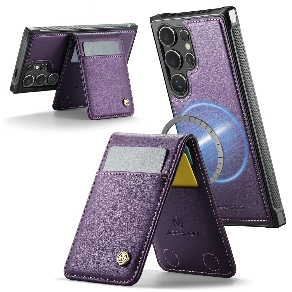 JEEHOOD For Samsung Galaxy S26 Ultra Leather Back Cover  J06 Magnetic Phone Case with Card Bag RFID Blocking - Purple - 2