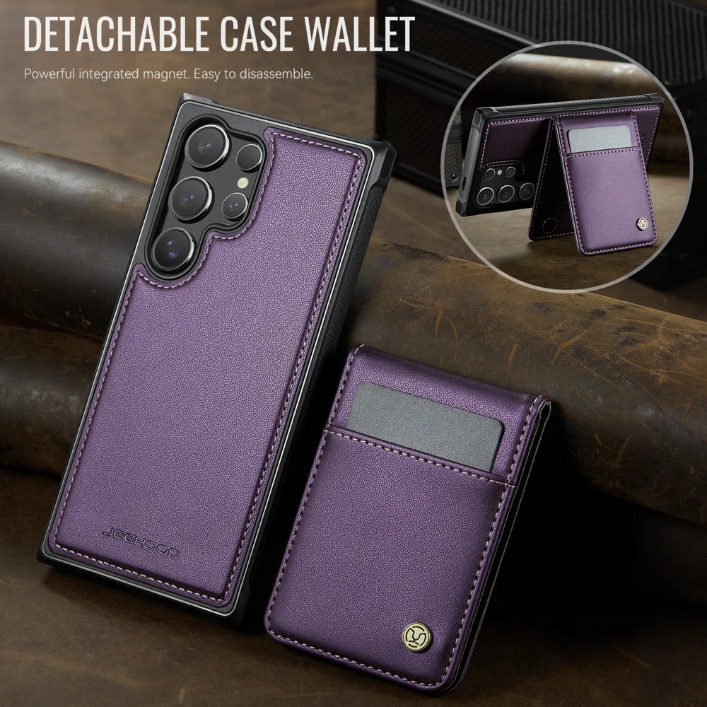 JEEHOOD For Samsung Galaxy S26 Ultra Leather Back Cover  J06 Magnetic Phone Case with Card Bag RFID Blocking - Purple - 3