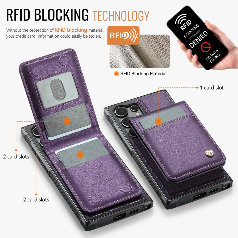 JEEHOOD For Samsung Galaxy S26 Ultra Leather Back Cover  J06 Magnetic Phone Case with Card Bag RFID Blocking - Purple - 4