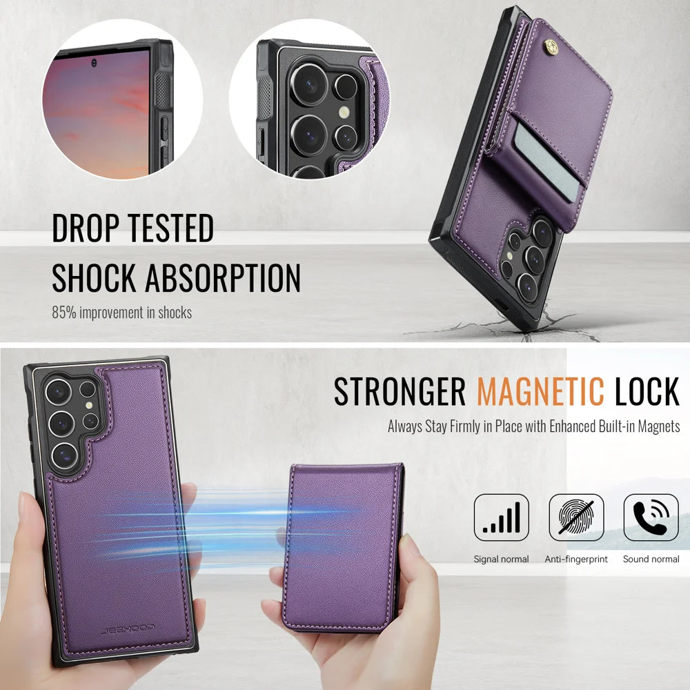 JEEHOOD For Samsung Galaxy S26 Ultra Leather Back Cover  J06 Magnetic Phone Case with Card Bag RFID Blocking - Purple - 5