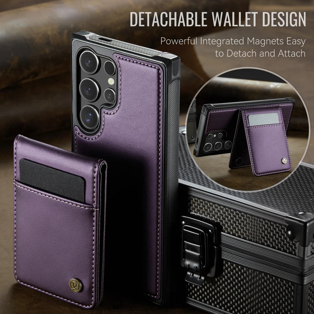 JEEHOOD For Samsung Galaxy S26 Ultra Leather Back Cover  J06 Magnetic Phone Case with Card Bag RFID Blocking - Purple - 7
