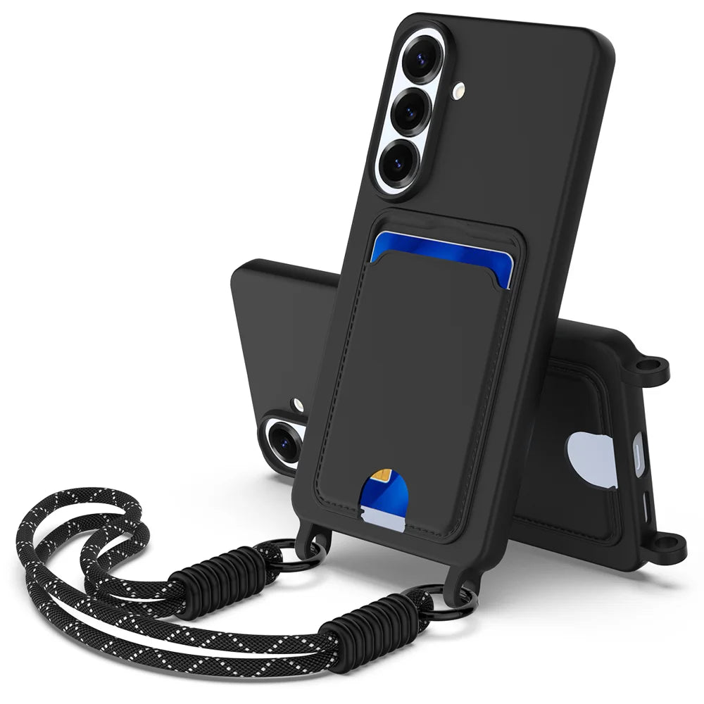 For Samsung Galaxy S26+ Liquid Silicone Case  Phone Back Cover with Card Holder and Short Strap - Black - 1