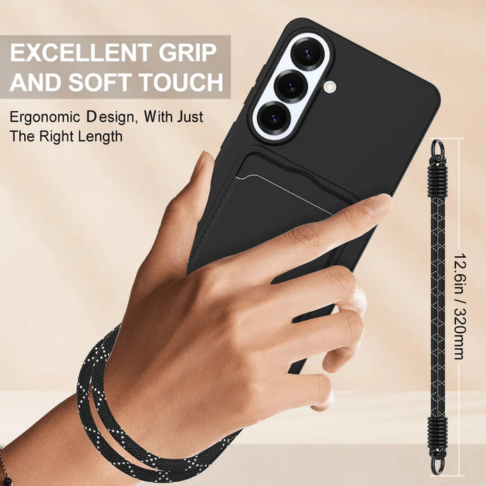 For Samsung Galaxy S26+ Liquid Silicone Case  Phone Back Cover with Card Holder and Short Strap - Black - 3