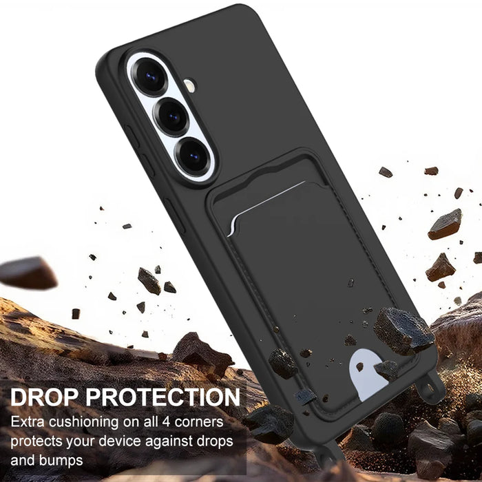 For Samsung Galaxy S26+ Liquid Silicone Case  Phone Back Cover with Card Holder and Short Strap - Black - 5
