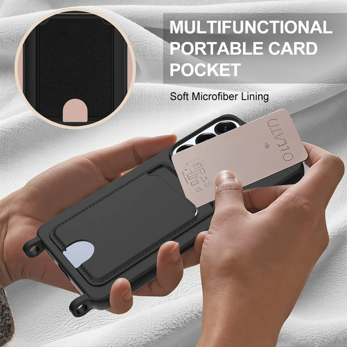 For Samsung Galaxy S26+ Liquid Silicone Case  Phone Back Cover with Card Holder and Short Strap - Black - 6