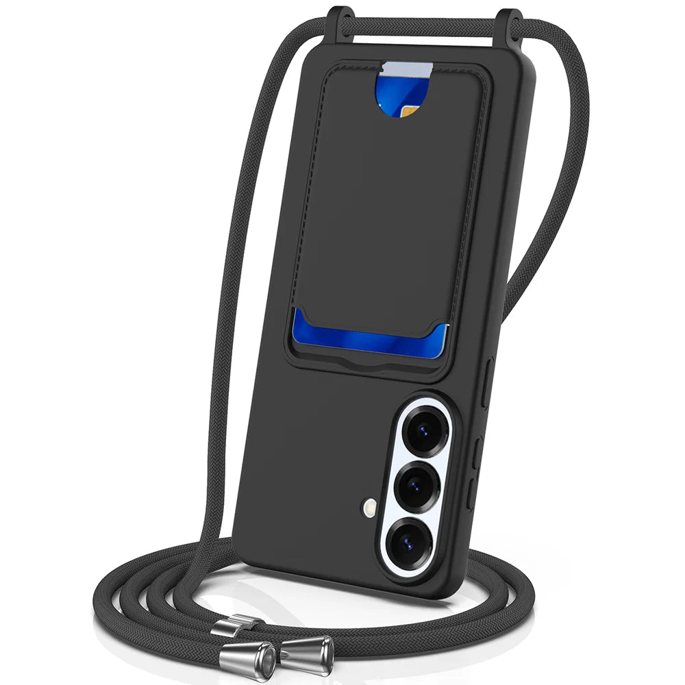 For Samsung Galaxy S26+ Case Liquid Silicone Card Holder Back Phone Cover with Lanyard - Black - 1