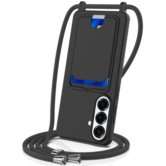 For Samsung Galaxy S26+ Case Liquid Silicone Card Holder Back Phone Cover with Lanyard - Black - 1