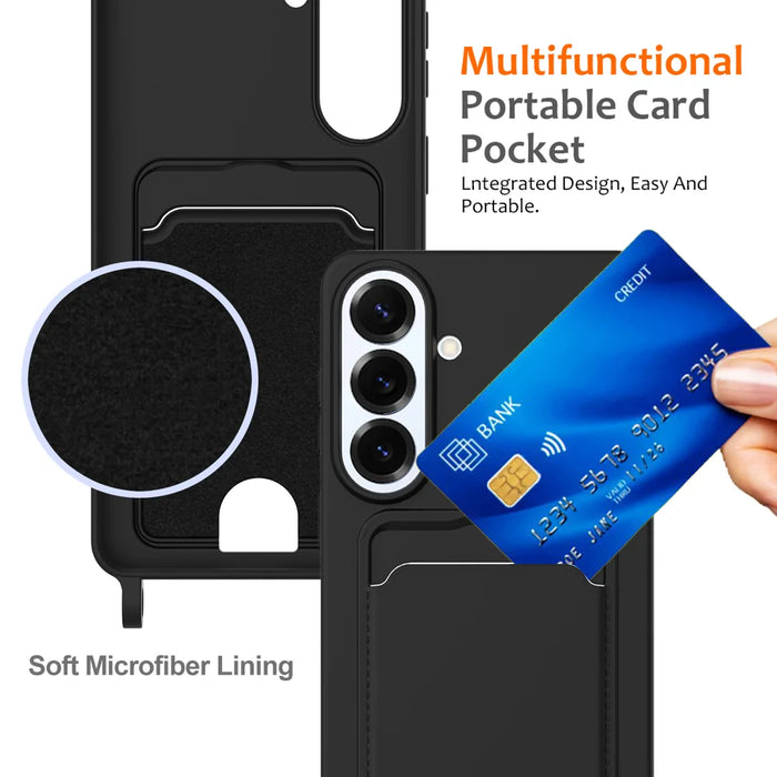 For Samsung Galaxy S26+ Case Liquid Silicone Card Holder Back Phone Cover with Lanyard - Black - 4
